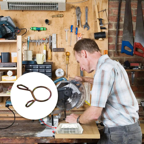 Man working in workshop with 330 Piece Stainless Steel Spring Hose Clamps Assortment Kit 5 To 13 Mm Nine Sizes inset shown in detail