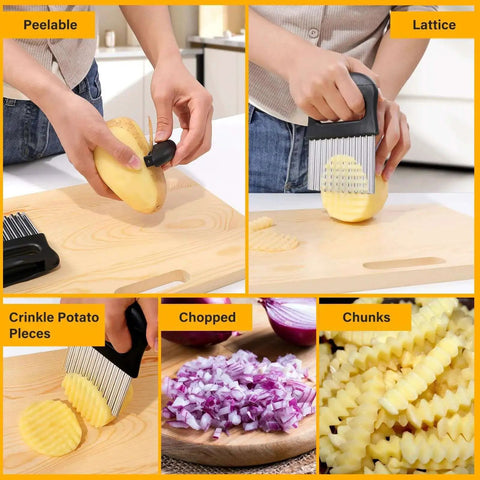 Crinkle Cutter Knife Set Two Pack Stainless Steel Vegetable Peeler And Wavy Chopper Slicer cutting potatoes and onions on board.