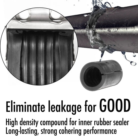 Emergency Pipe Repair Clamp For 3 Quarter Inch OD And 1 Half Inch ID Pipes displayed on leaking metal pipe with rubber sealer insert