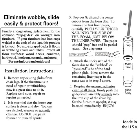 Installation instructions for Wrought Iron Patio Furniture Feet Cap Glides For Outdoor Table And Chair Legs No Slip Floor Protectors 1.5 Inch 24 Pack Black Self Leveling Cushioned Foam For Uneven Surfaces And Scratch Prevention, made in USA, shown with diagram.