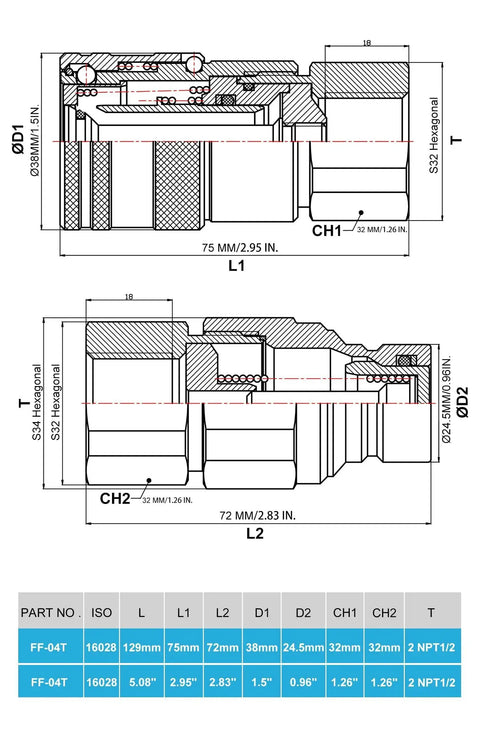 Technical diagram of Flat Face Hydraulic Quick Connect Couplers Set With Dust Caps One Half Inch NPT ISO 16028 Standard for Skid Steer Bobcat.