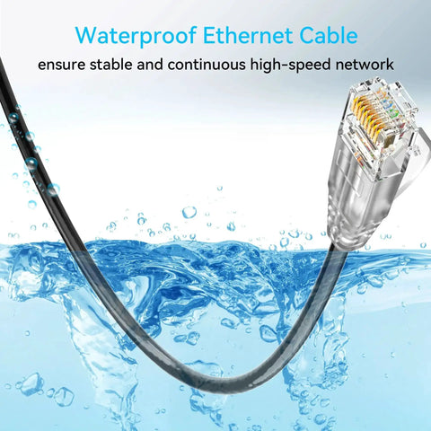 Slim Cat6a Ethernet Cable For Outdoor And Indoor Use, 100ft, 28AWG Pure Copper, Waterproof Direct Burial shown with water splash