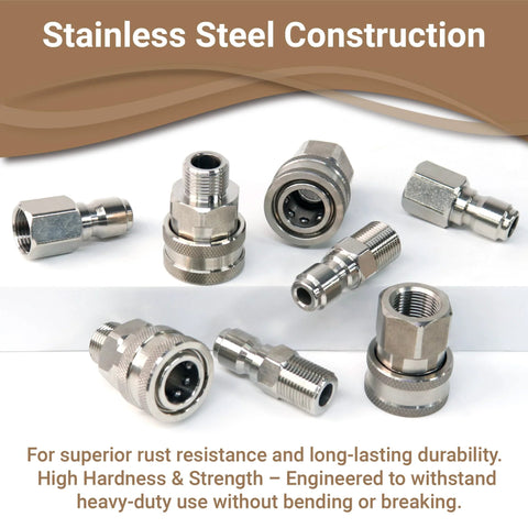 Stainless steel pressure washer quick-connect fittings, 3/8 in, 8-piece set with female and male threads.