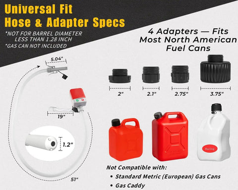 Auto Stop Fuel Transfer Pump 3.2 GPM Gas Can Pump With 51in Hose No Spill shown with 4 adapters and fuel cans