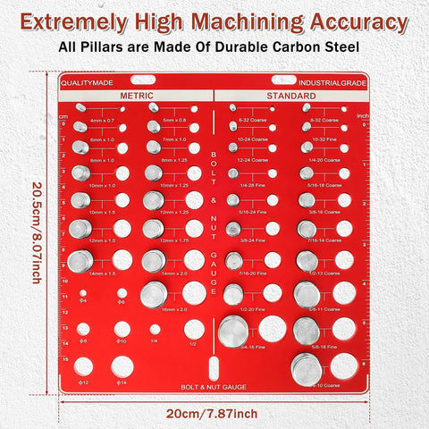 Pro Grade Nut And Bolt Thread Checker With Inch And Metric Gauge Aluminum Alloy Precision Tool For Identifying Thread Size Go No Go ANSI Class 2B Standards 34 Nut And Bolt flat layout showing metric and standard measurements in a red carbon steel gauge.