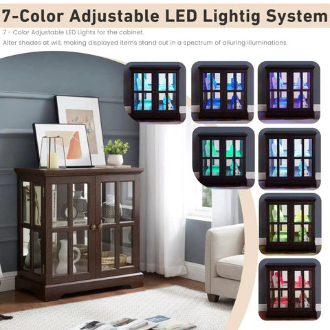 32 Inch Glass Liquor Cabinet With Seven Color LED Lights Smartphone Control in living room setup, dark cherry finish