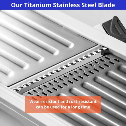 Close-up of dual-sided blade on 24 In 1 Mandoline Slicer With Waffle Fry Cutter Blade For Fast Veggie Prep, stainless steel and BPA free plastic.