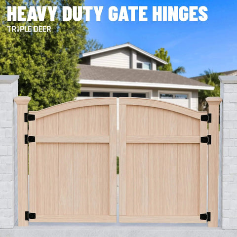 Wooden gate with 3.5 Inch Heavy Duty Gate Hinges With Extra Thick Straps For Wood Fence Barn Doors And Sheds 60 Lb Capacity 2 Pack Black