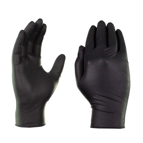 Front and back view of Black Nitrile Disposable Gloves 3 Mil Powder Free Food Safe X Large Box Of 100.