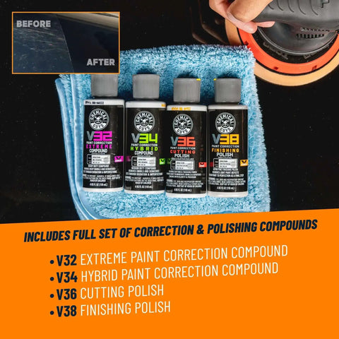 TorqX Random Orbital Polisher Kit With Pads, Polishes, And Compounds For Cars, Trucks, SUVs, And Motorcycles, 700W Motor, 8mm Orbit, All In One 9 Piece Detailing Set includes four bottles of polishing compounds on a microfiber cloth and a polisher