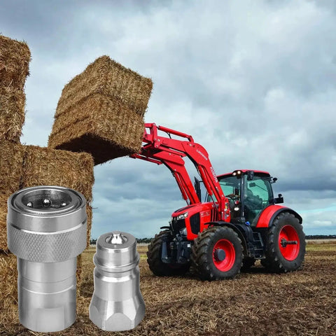 Half Inch Ag Hydraulic Quick Connect Tractor Couplers With Dust Caps Pioneer Style ISO 5675 shown near a red tractor moving hay bales