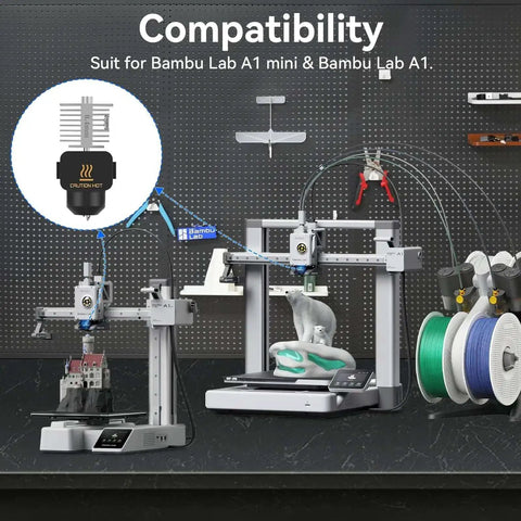 All Metal 0.4mm Stainless Steel Hotend Upgrade For A1 And A1 Mini 3D Printers showing compatibility with 3D printers.