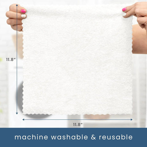 50 Pack Microfiber Cleaning Cloths 11.8x11.8 White 190gsm For Home And Auto held showing size 11.8 inches