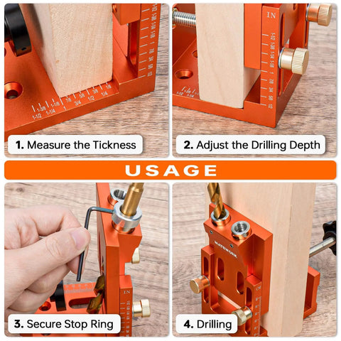 Adjustable Pocket Hole Jig Kit With Stop Collars For Precision Drilling, 30-Piece DIY Set in use for woodworking joinery