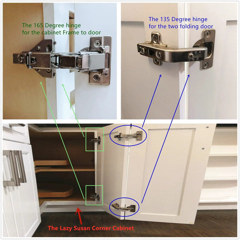 Diagram showing 165 Degree Soft Close Cabinet Hinge for Inner Folding Corner Doors with Lazy Susan installation.