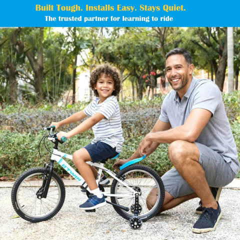 Child smiling on bike with Heavy Duty Training Wheels For 12 To 20 Inch Kids Bikes Universal Fit For Single Speed Bicycles installed.