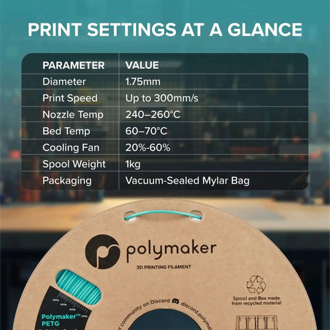 Black PETG Filament 1.75mm 1kg Beefed Up High Speed Formula Up To 300mm Per Second print settings chart with packaging
