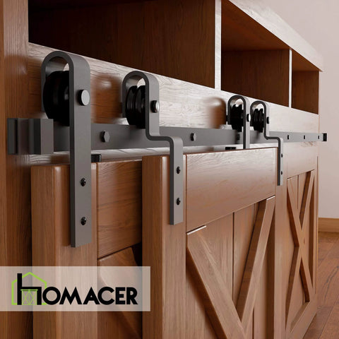 Mini Black Rustic Bypass Sliding Barn Door Hardware Kit For Two Doors, 36 Inch Flat Track Plus Bent Roller Pair installed
