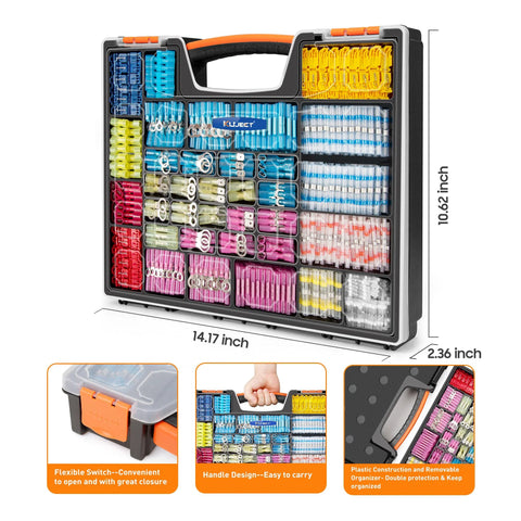Kuject heat shrink wire connector kit in plastic case with 1500 insulated terminals for marine and automotive use