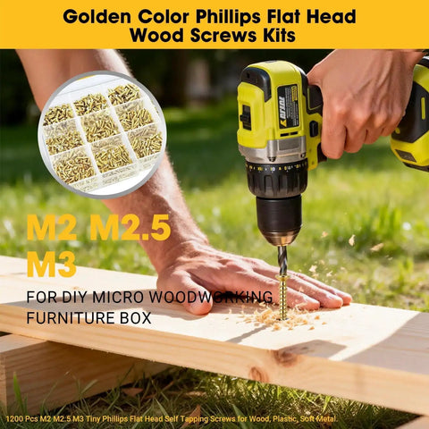 1200-Piece Self Tapping Screws Set For Plastic And Metal In M2 M2.5 M3 Phillips Flat Head used for woodworking with drill