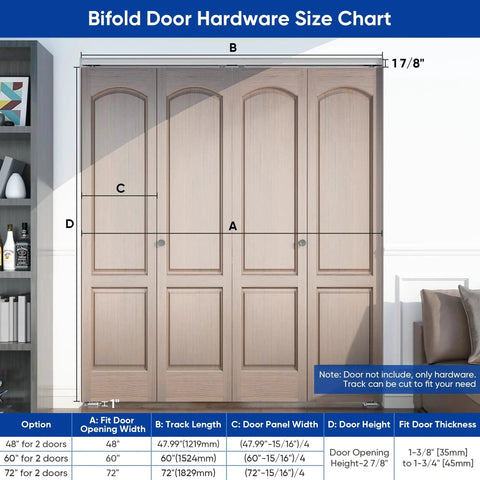 Size chart for 72 Inch Bifold Door Hardware Kit For 4 Doors With 18 Inch Panels Top Mounted Folding Sliding Barn Door Hardware
