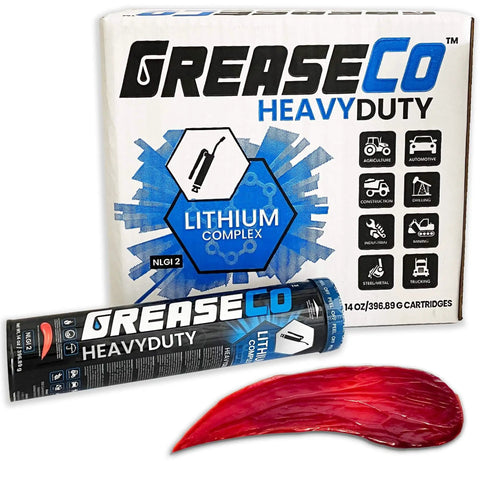 Box and tube of Red And Tacky Heavy Duty Grease Tubes, 10 Pack Cartridges, Lithium Complex NLGI 2 EP For Grease Gun with red grease smear