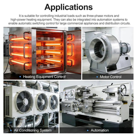 Applications of Three Pole Magnetic Contactor 60A 110V AC Coil for heating, motor control, air conditioning, and automation systems.