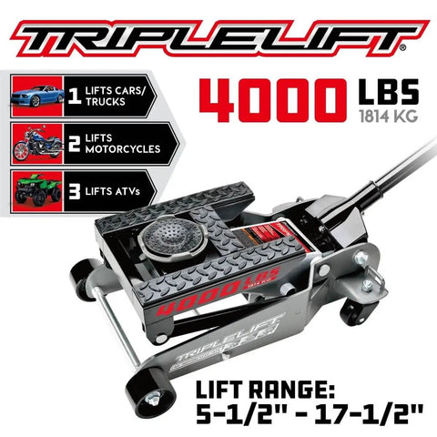 2 Ton Triple Lift Floor Jack for Cars Trucks Motorcycles ATVs with Lift Range 5.5 to 17.5 Inches and Locking Safety Bar