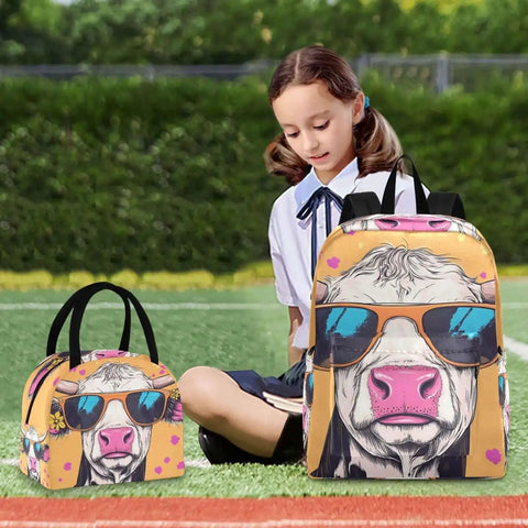 Lightweight Nylon Daypack With Insulated Lunch Box Cooler And Laptop Sleeve fits 15.6 inch, featuring a cow design, scratch resistant
