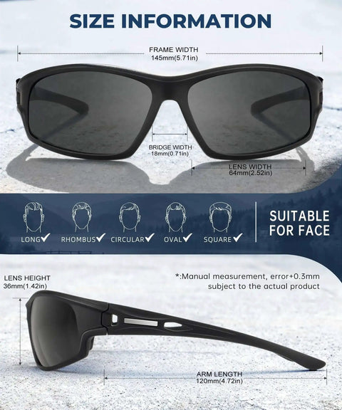 Polarized Sunglasses For Men With UV400 Protection For Fishing Driving Running Cycling And Outdoor Sports Reducing Glare For Clear Vision All Day Comfort And Style, showing front and side view with dimensions.