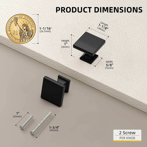 Black Square Cabinet Knobs 20 Pack 1.1 Inch Zinc Alloy Dresser And Kitchen Cabinet Hardware dimensions with screws.