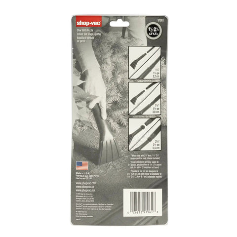 Packaging of Claw Utility Vacuum Nozzle Fits 1.25 Inch, 1.5 Inch, And 2.5 Inch Hoses showing usage on carpet