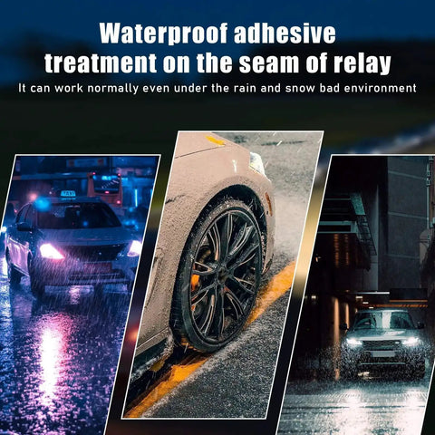 Three vehicles in rain with waterproof adhesive relay treatment for adverse conditions, ensuring reliable signal performance.
