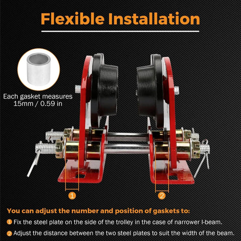 Manual Trolley For I Beams With Wide Flange 1.57 To 4.64 Inches Universal Fit Heavy Duty 0.5 Ton 1102 Lbs Capacity Four Wheel Track Trolley