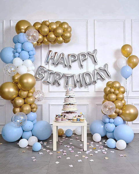 Six In One Balloon Arch Stand Kit With 10.8ft Adjustable Columns Party Backdrop featuring gold and blue balloons at a birthday party.