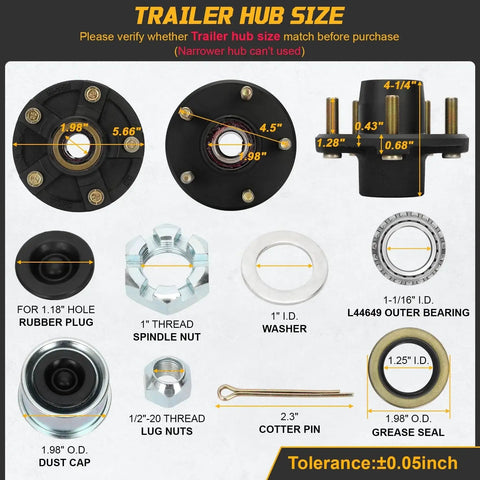 Two Sets 2000 Pound Trailer Hub Kit 5 Lug Four Point Five Inch Bolt Pattern For One And One Sixteenth Inch Straight Spindle Boat Trailers Pre Installed Bearings And Seals Lubricated Ready To Install Not For Tapered Spindles with diagram and parts
