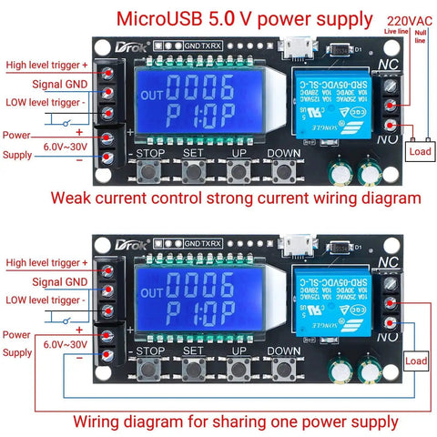 Diagram showing Time Delay Relay Module Dual Pack for DC 5V 12V 24V with LCD Display, demonstrating wiring connections.