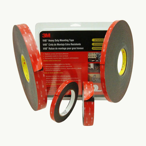 Single roll heavy duty VHB mounting tape 1/2 in x 15 ft Black, double-coated acrylic foam adhesive, packaging and rolls shown