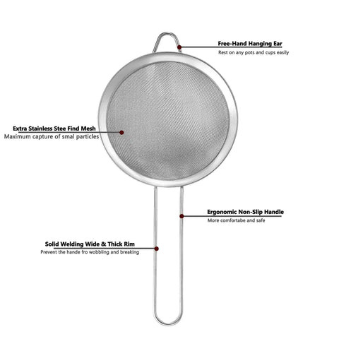 Ultra Fine Mesh Strainer With Handle Stainless Steel Kitchen Sieve 3.35 Inch Small Filter for precise filtration, ergonomic handle