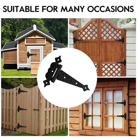 Collage of rustic gates and doors with 6 Inch Decorative Hammered Steel Rust Resistant Heavy Duty T Hinges Outdoor Tee Hinges For Shed Fence Barn Doors 6 Pack.