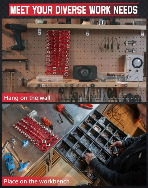 56 Thread Checker for Standard and Metric Bolts, 30 SAE and 26 Metric Size Thread Gauge mounted on a wall in a workshop.