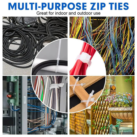 Heavy Duty 8 Inch Nylon Cable Ties, 1200 Pack, Self Locking White Plastic Wire Ties With 50Lb Tensile Strength, Weatherproof Indoor Outdoor Zip Ties For Cable Management shown securing various cables and objects.