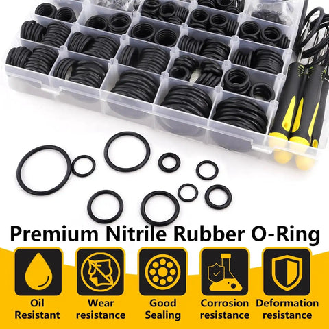 Must Have All In One 1540 Piece O Ring Assortment Kit With 4 Pick And Hook Tools, 32 Metric Sizes, Nitrile Rubber Seals For Pressure Washers, Automotive Repair, Plumbing And Industrial Use displayed in plastic case with tools.