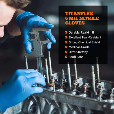 Person using Six Mil Nitrile Exam Gloves Large Box Of 100 Latex Free Powder Free Heavy Duty in industrial setting