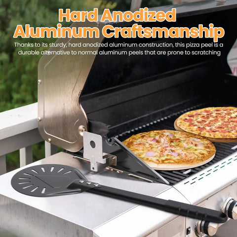 Perforated Pizza Turning Peel For Crisp Crust And Fast Steam Release Restaurant Grade Aluminum Lightweight Outdoor Pizza Oven Accessory For Home Ovens And Pro Kitchens positioned on an outdoor grill.