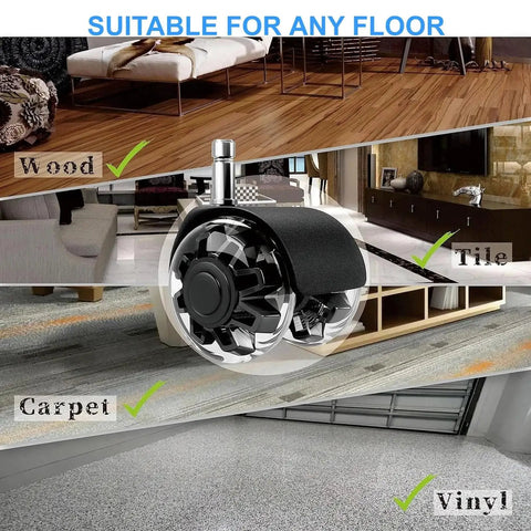 Dual Rubber Office Chair Wheels Two Inch Set Of Five Heavy Duty Casters Support Up To 2200 Pounds Quiet Rolling For Hardwood Floors And Carpets Universal Fit Seven Sixteenths By Seven Eighths Inch Black on various floor types.