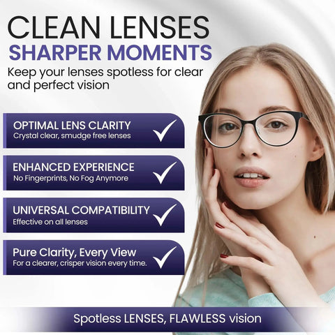 Woman wearing glasses next to text promoting Gel Eyeglass Lens Cleaner Spray Kit With 2x 8oz Bottles And 2 Microfiber Cloths.