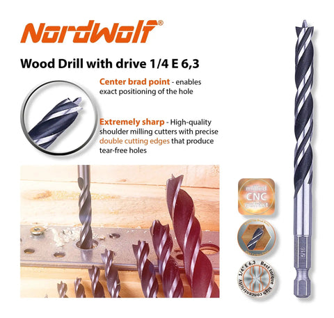 12 Piece Brad Point Wood Drill Bit Set For Woodworking And Carpentry, Double Flute Design With 1/4 Inch Hex Shank, SAE Sizes 1/8 To 1/2
