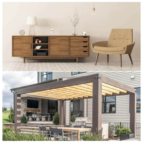 Collage showing a modern indoor living area with wooden furniture and an outdoor patio space with pergola and dining setup.