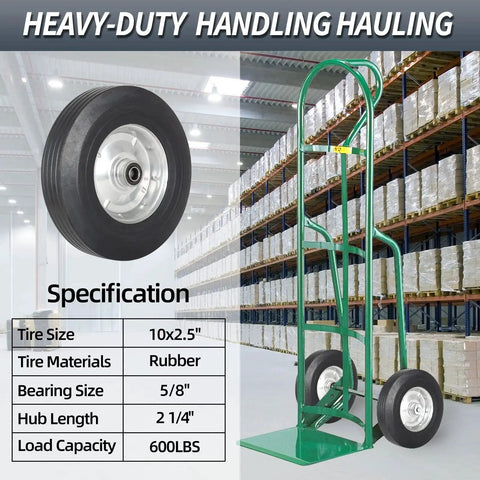 Heavy-duty hand truck featuring 10 Inch By 2.5 Inch Flat Free Solid Rubber Tire With 5/8 Inch Axle Bore Hole And 2 1/4 Inch Hub Replacement Wheel Set